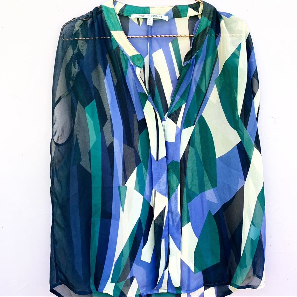 COLLECTIVE CONCEPTS short cap sleeve blouse top sheer shirt geometric print L